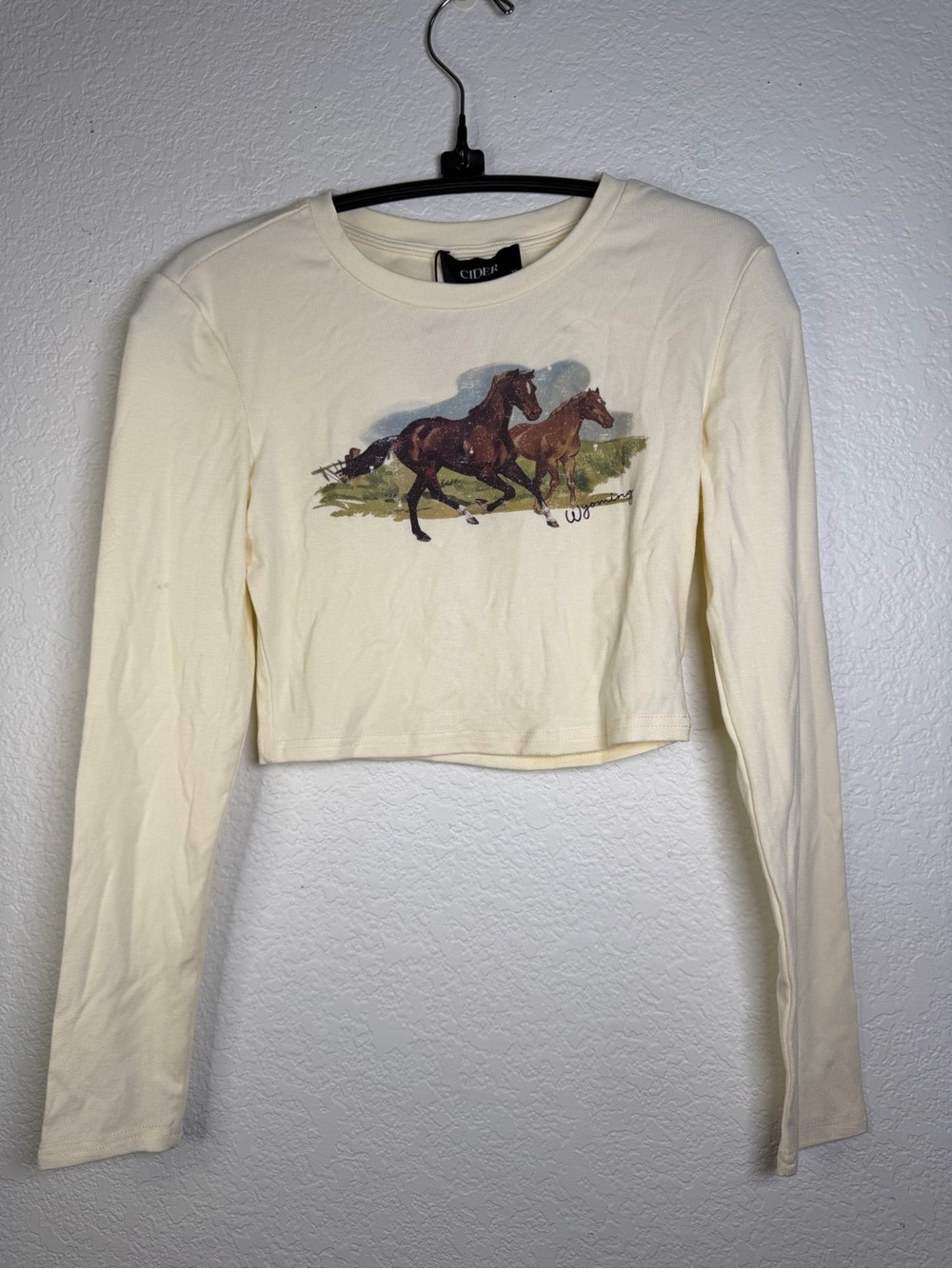 NWT Cider Round Neckline‎ Horse Graphic Wyoming Long Sleeve Crop Top, Size XS